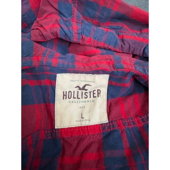 Hollister California Plaid Red Navy Blue Button Down Hooded Jacket Youth Size L - Picture 3 of 7